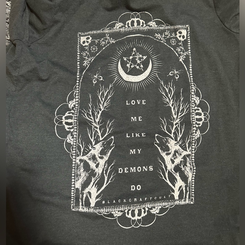 Black craft cult “love me like my demons do” no pockets, long thin cardigan